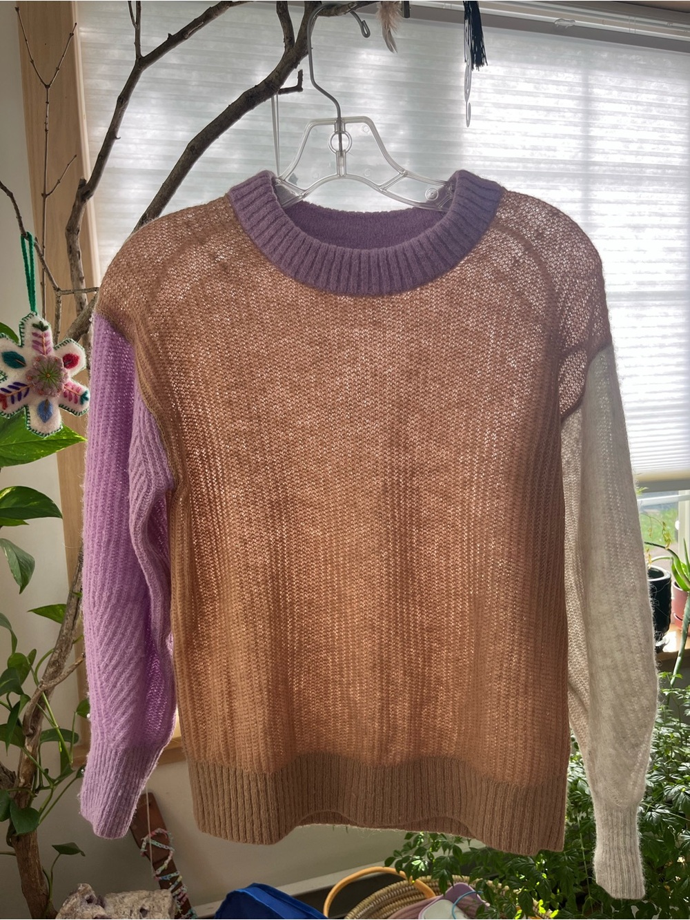 Everlane Colorblock Crewneck Sweater in Brown, Lavender & Cream